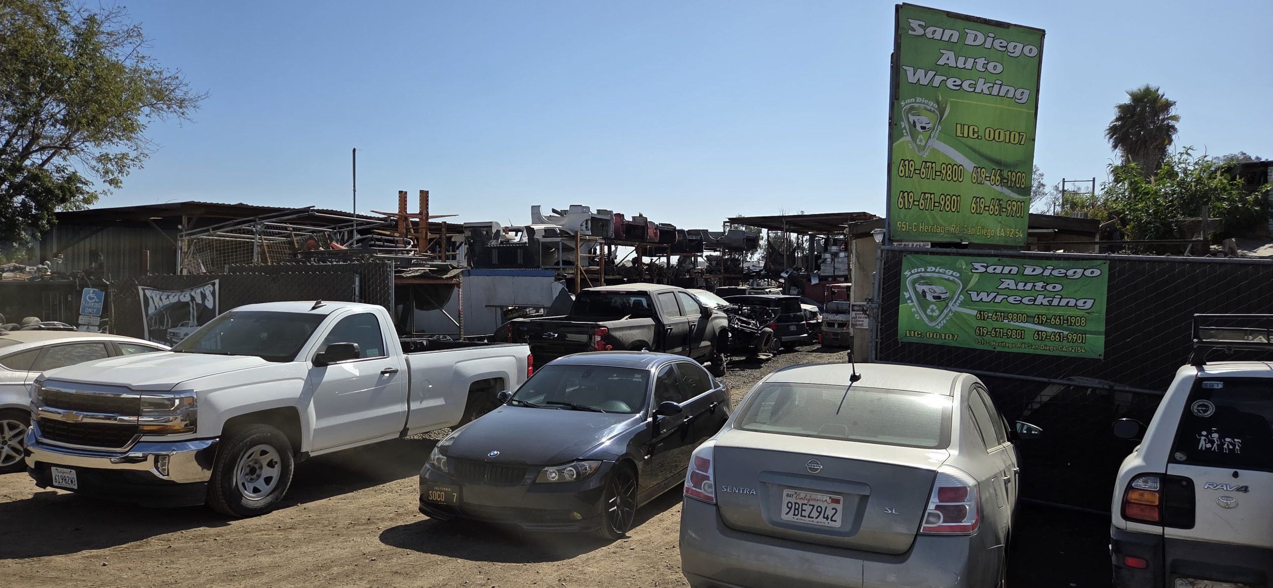 Vehicles and used auto parts at San Diego Auto Wrecking on Heritage Road